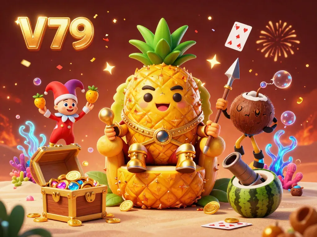 Experience thrilling gaming at V79, where the golden pineapple king reigns over a vibrant beach casino.
