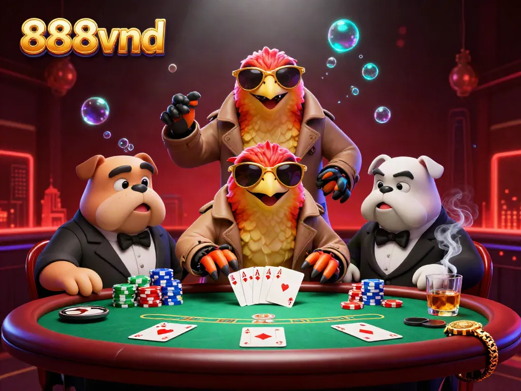 Engage with 888vnd in a lively VIP casino scene with raptors and poker elements