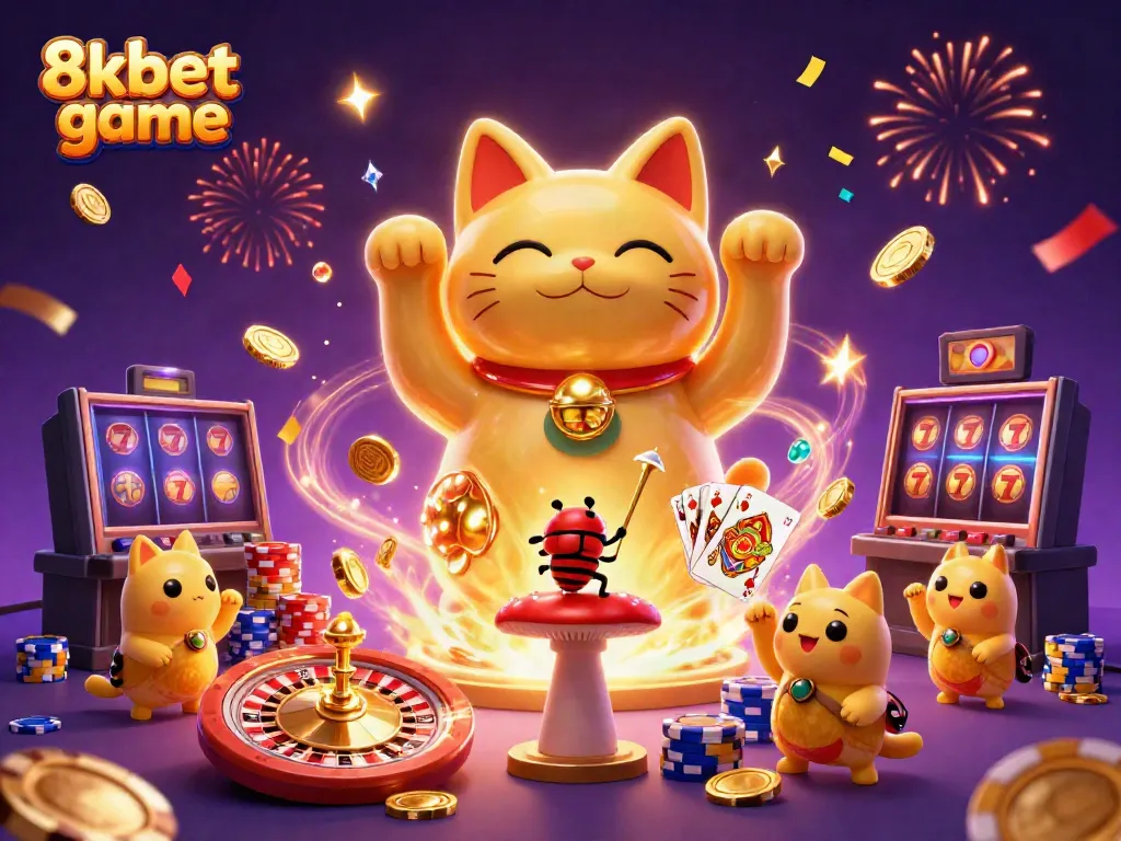 Experience the excitement of 8xbet game with vibrant visuals of a lucky cat and casino elements