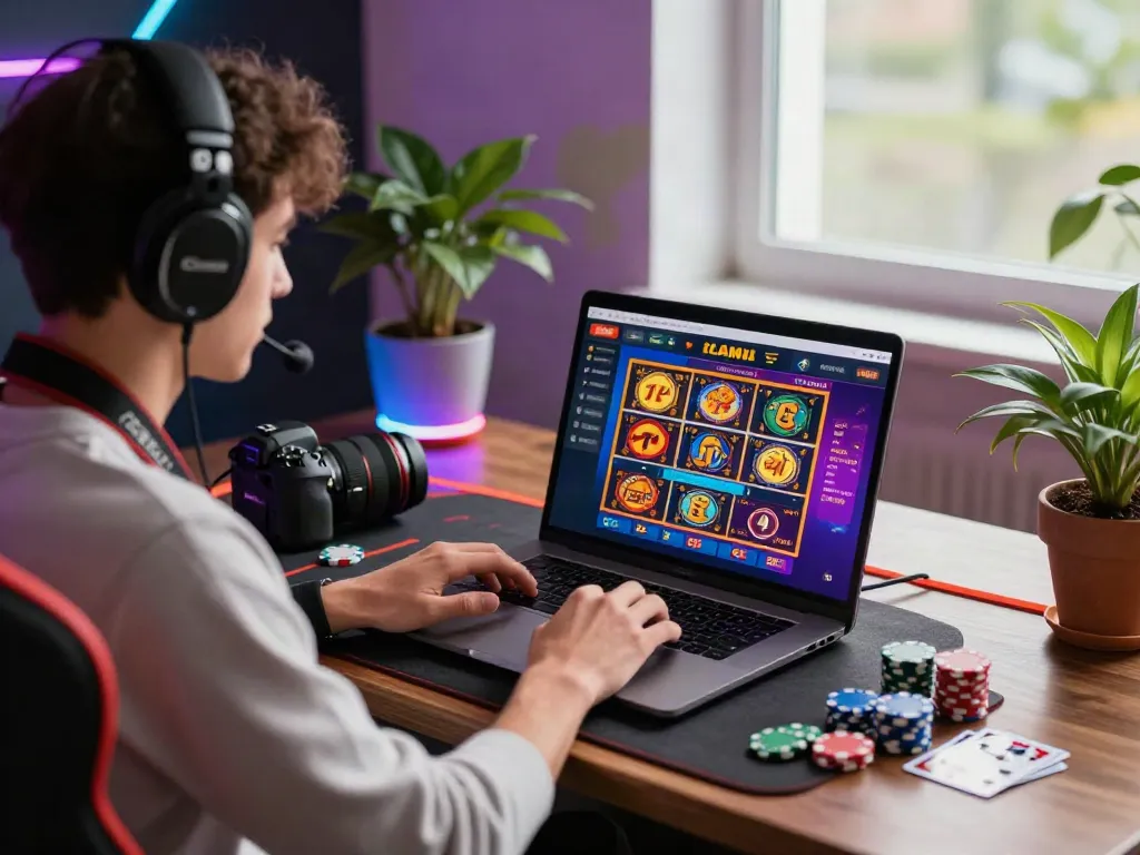 Player enjoying a credit card casino game at a modern gaming desk with a laptop displaying colorful casino interface.