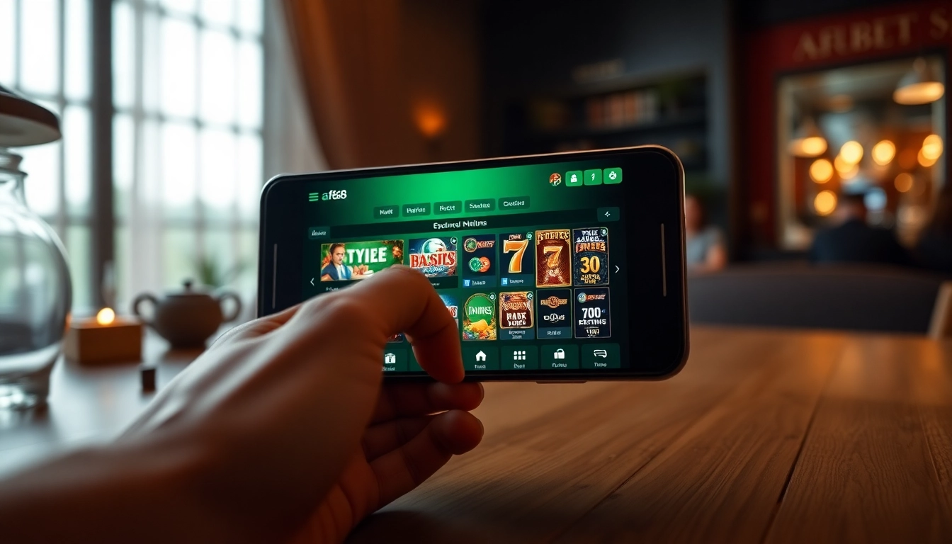 Engaging smartphone interface of af88.com showcasing diverse online gambling options in a luxurious setting.
