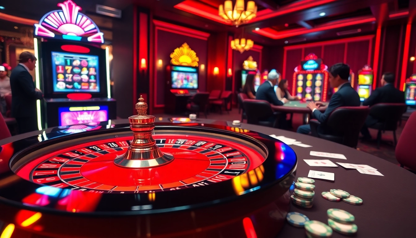 Gambling scene highlighting 소액결제 at a vibrant casino, showcasing roulette and poker action.