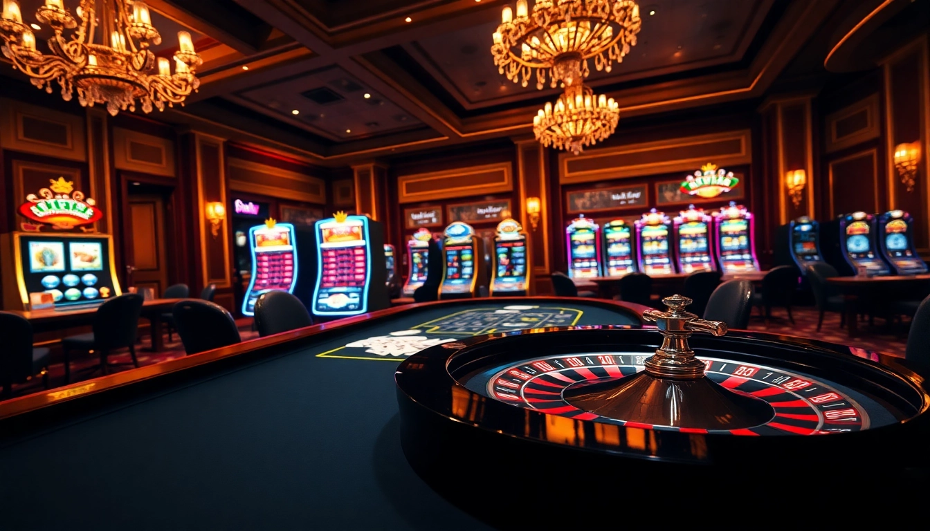 Engaging scene of gambling excitement at ingat bola88 with roulette and slot machines.