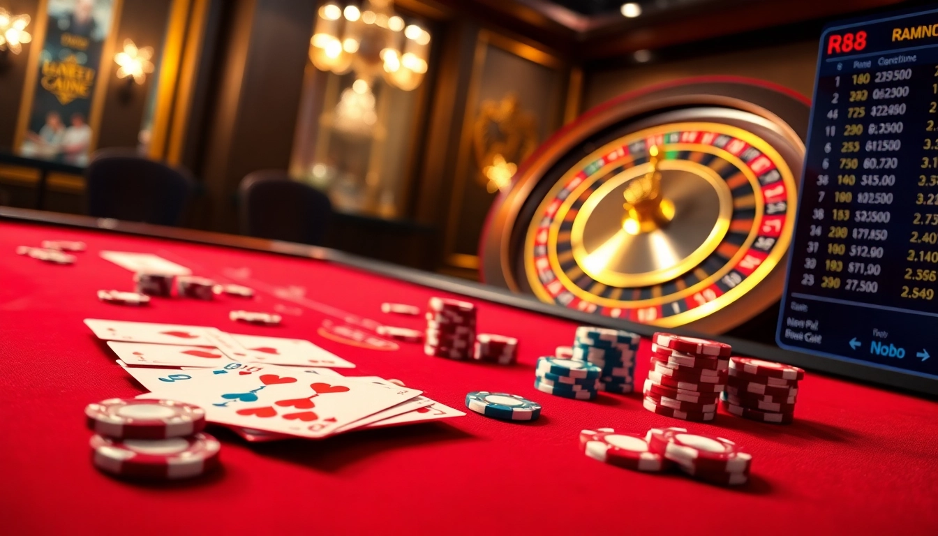 Experience the excitement of rr88 online gambling with luxurious casino visuals featuring poker chips and cards.