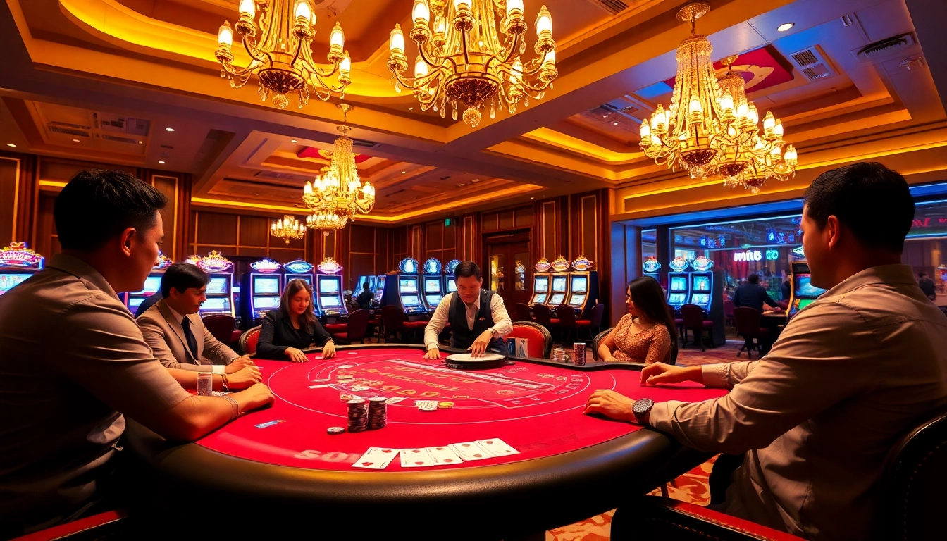 Exciting gambling scene at mm88 casino featuring poker gameplay and slot machines.