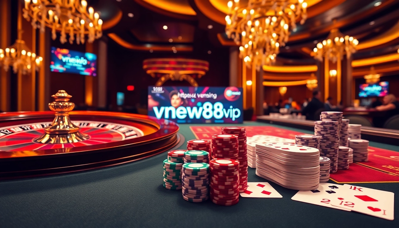 Exciting gambling scene with casino elements and the URL https://vnew88.vip/ reflected in the online interface.