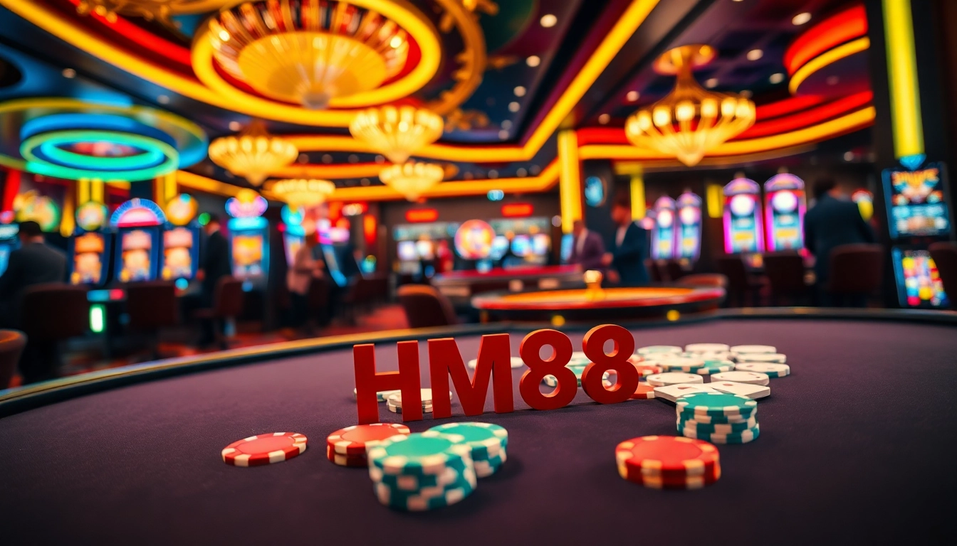 Experience thrilling gameplay at HM88's vibrant casino with poker chips and slot machines.