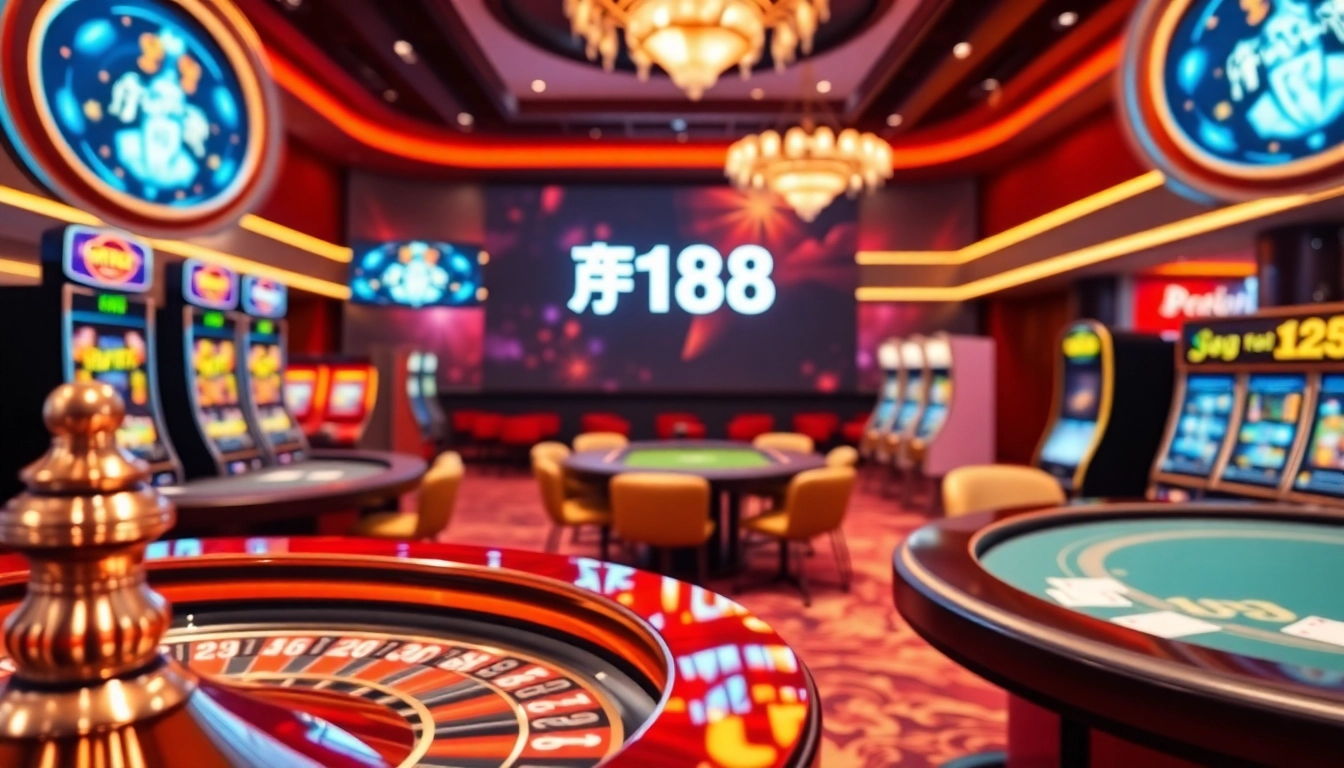 Engaging scene at พอร์ทเกม F168 showcasing lively gambling action with poker tables and slot machines.