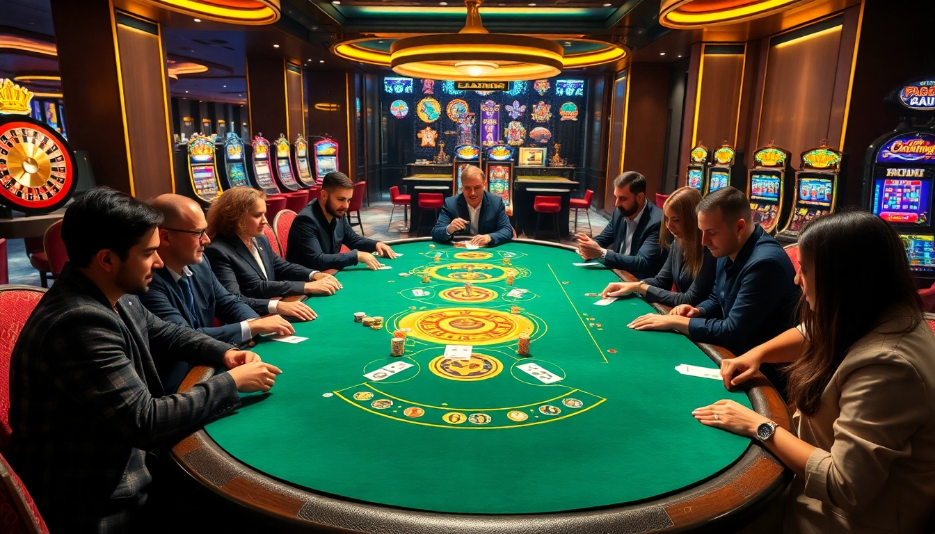 Engaging gamblers at a luxury poker table with s8 poker chips and a roulette wheel