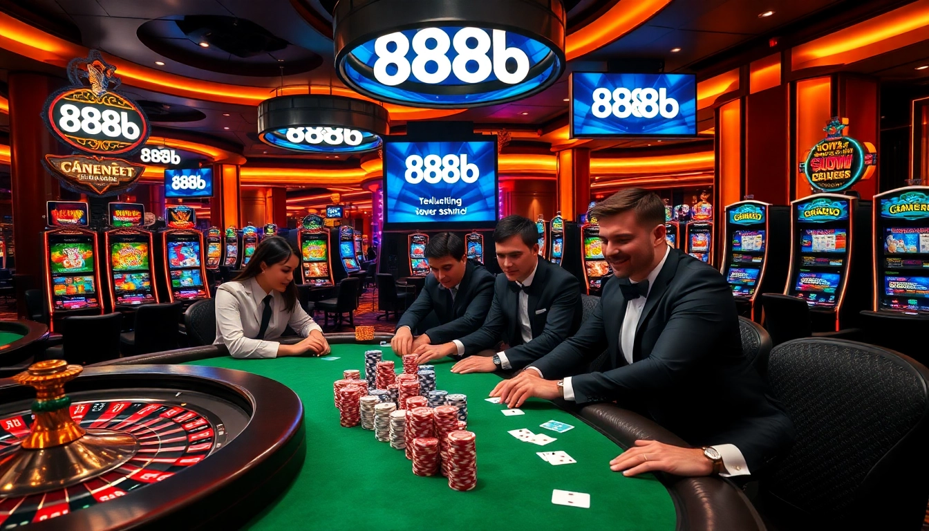 Experience the excitement of the 888b link with an upscale casino scene featuring poker players, chips, and roulette.