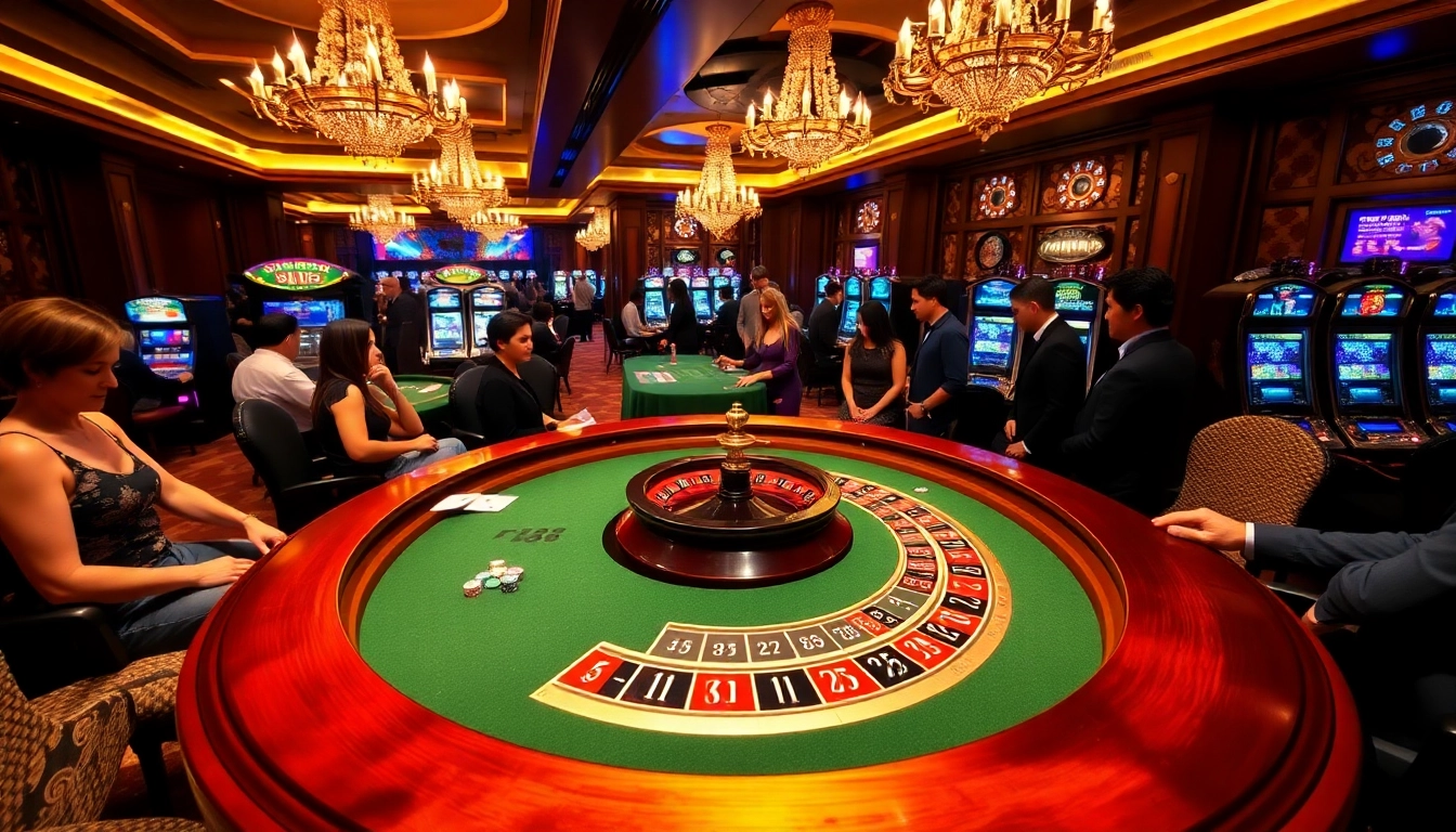 Exciting scene from RR88 casino with players at roulette table and vibrant ambiance.