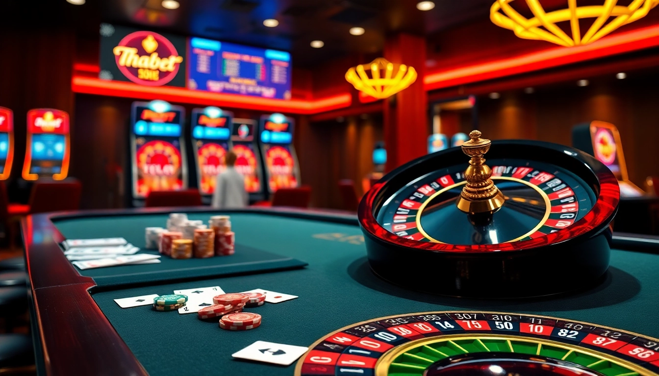 Engaging gamblers at thabet77.sa.com with an exciting online casino scene featuring poker chips and a roulette wheel.