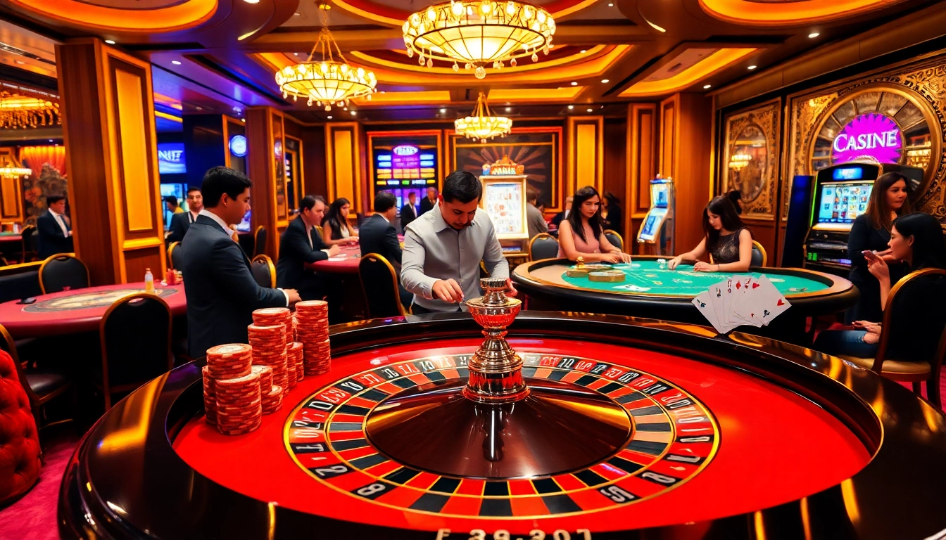 Excited players enjoying their experience on rr88.com with poker cards and roulette at a luxury casino.