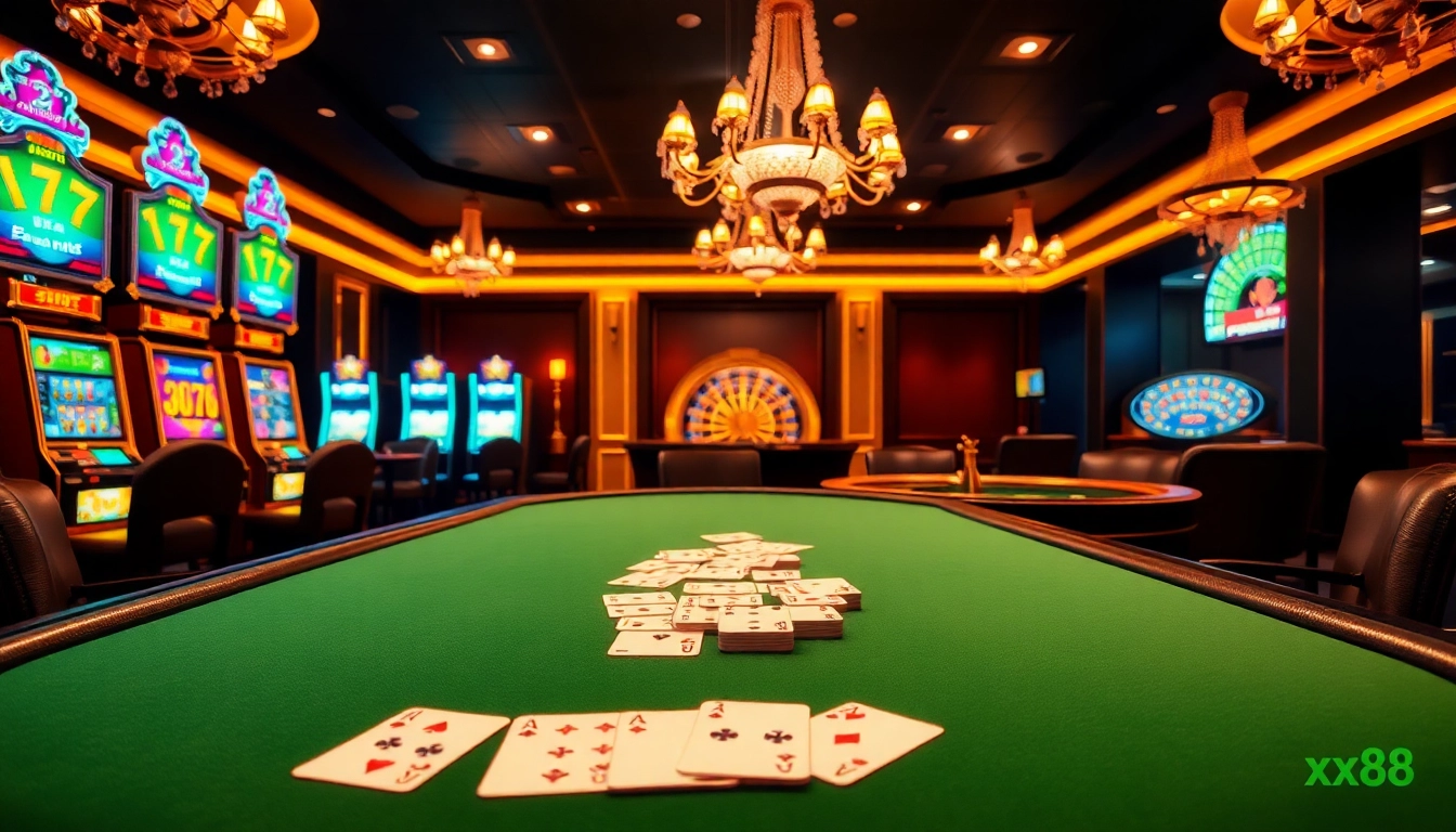 Experience the excitement of xx88 with vibrant slot machines, poker tables, and a spinning roulette wheel.