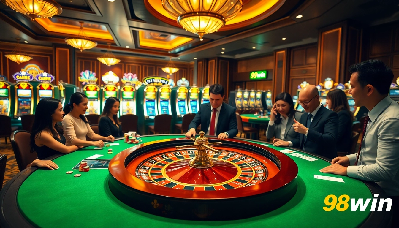 Players betting at a luxurious 98win casino table with vibrant poker chips and an inviting atmosphere.
