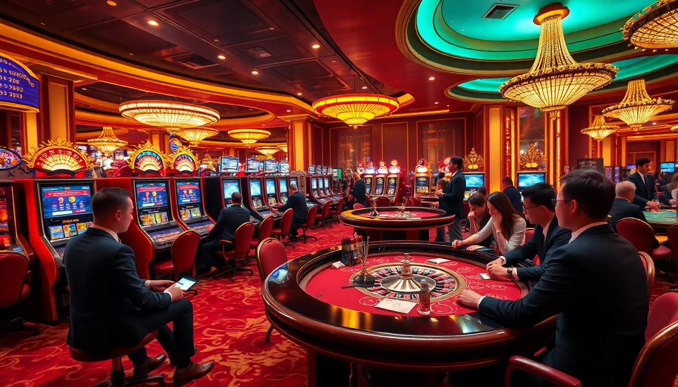 KJC casino scene with players enjoying slot machines and poker tables in a luxurious environment.