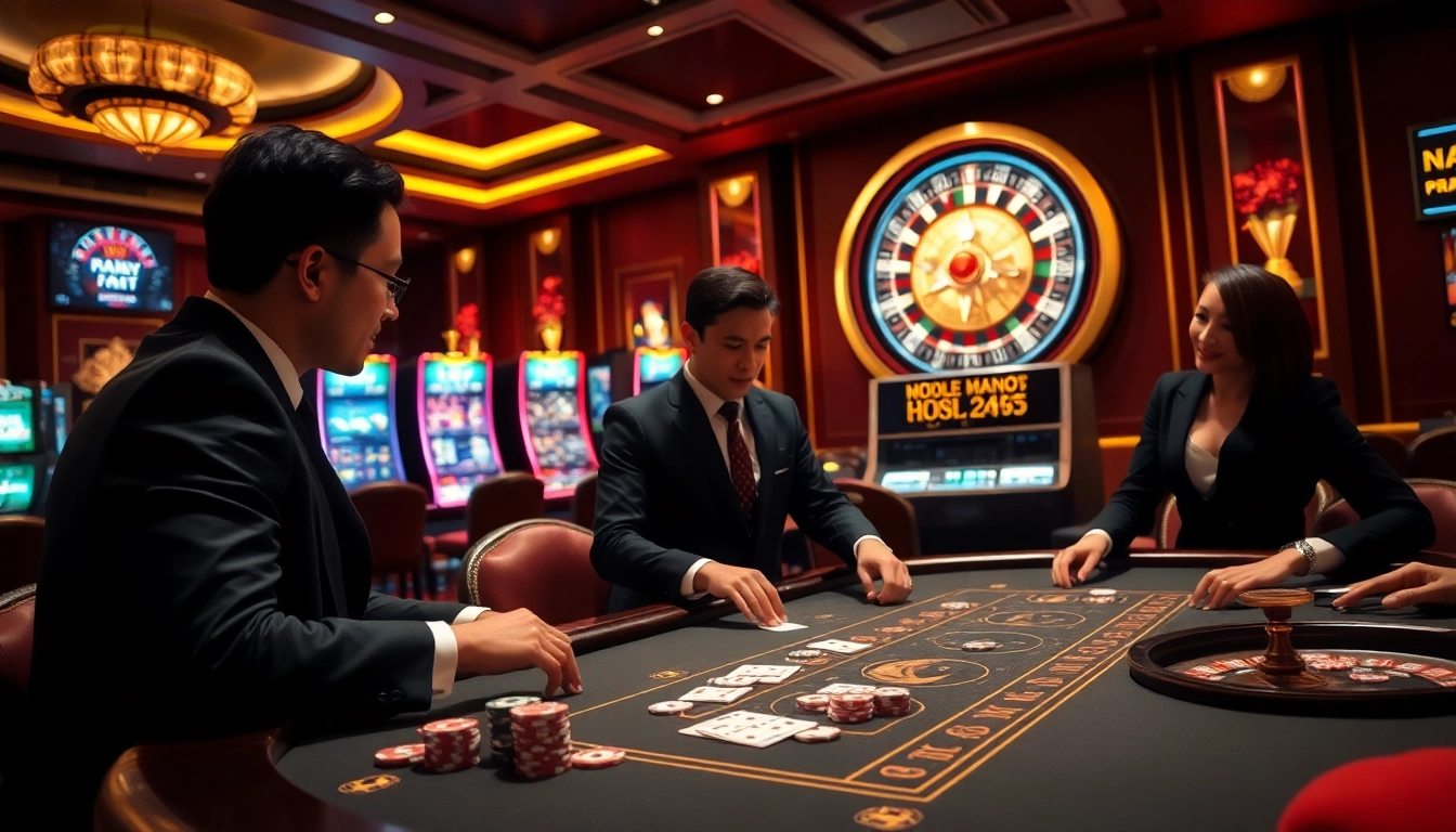 Experience the thrill of gambling at Nhà cái Thabet with players in action and vibrant casino elements.