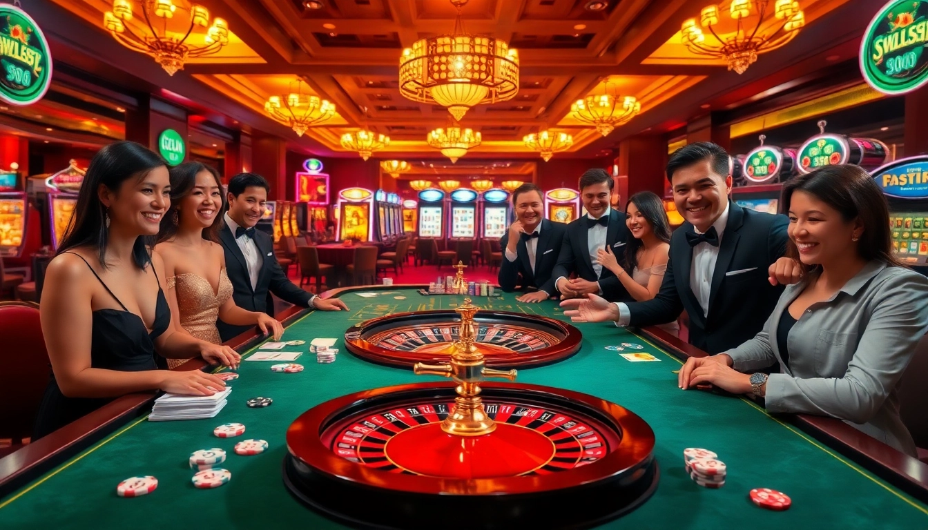 Players enjoying the excitement at nhà cái sv66, with vibrant casino elements and thrilling gaming action.