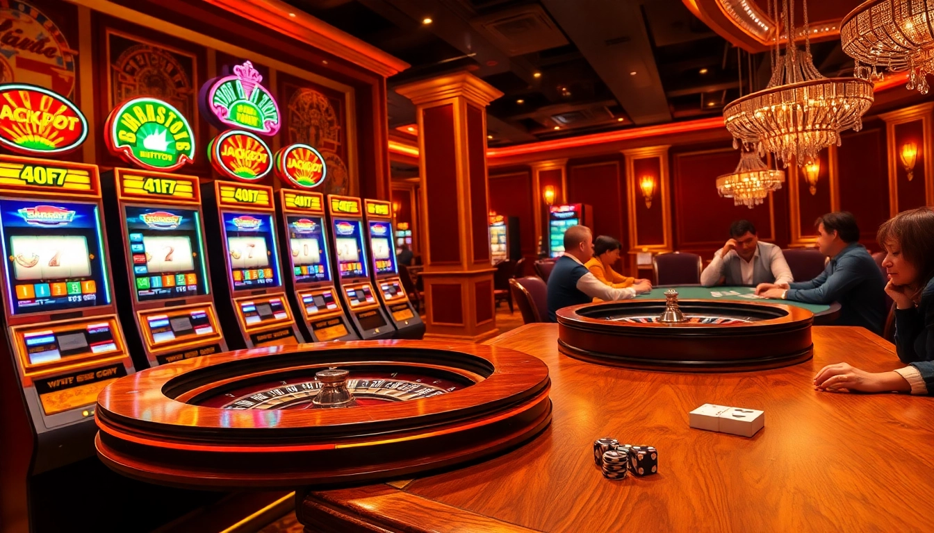 Experience the thrill of birutoto as players engage at a vibrant casino table with slot machines and roulette.