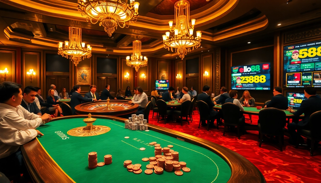 Engage in thrilling card games at Hello88's luxurious casino, showcasing vibrant poker and roulette action.