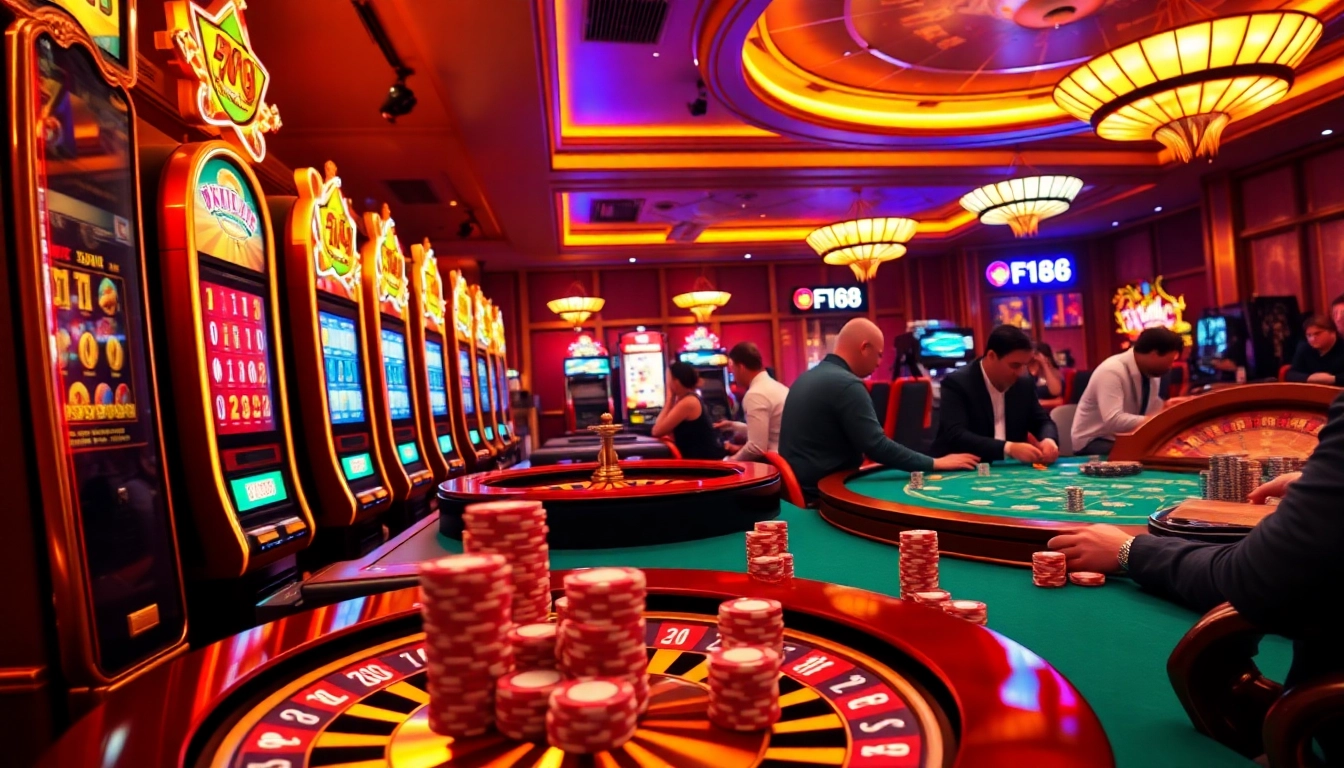 F168 casino scene highlighting slot machines and roulette wheels with excited players.