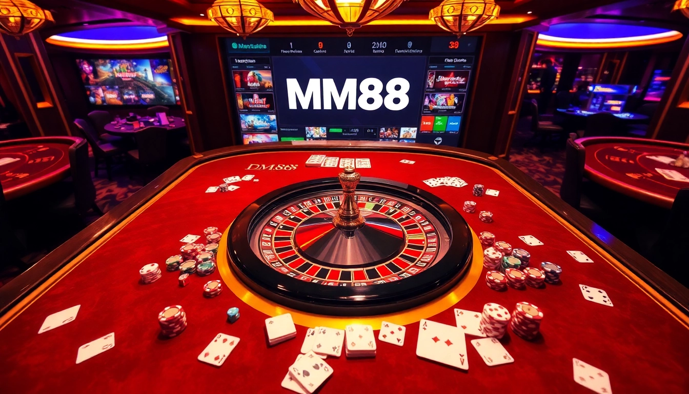 MM88 casino scene showcasing heated gaming action with roulette and poker elements.