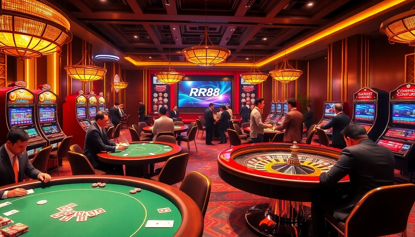 Engage in thrilling RR88 Đăng nhập activities at a vibrant casino table featuring poker chips and roulette wheels.