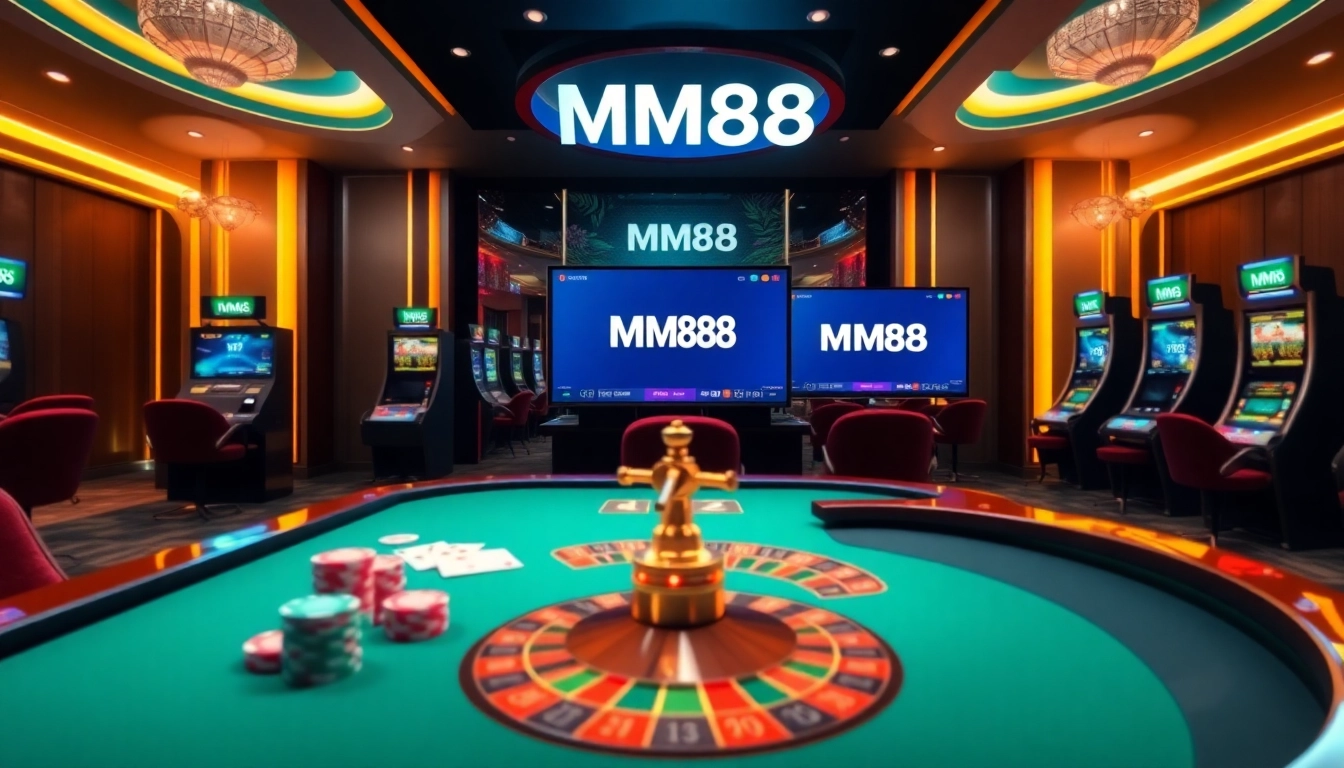 Experience thrilling online gambling at MM88 with a vibrant virtual casino, showcasing poker chips and roulette.