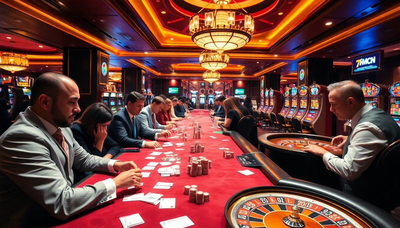 Immerse in the excitement of gambling at 7mcn with vibrant casino tables and players engaged in thrills.