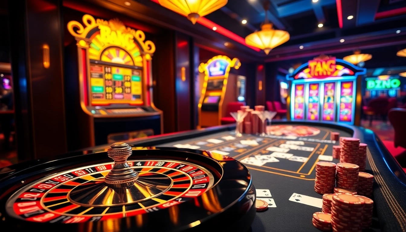 Experience the thrill of gambling at nhà cái 789P with a luxurious casino scene showcasing roulette, cards, and vibrant poker chips.