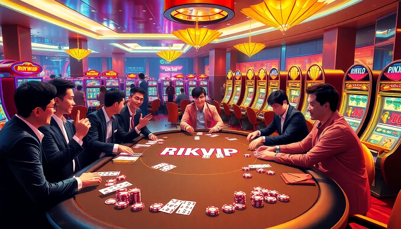 RIKVIP captures the excitement of high-stakes poker amidst a vibrant casino atmosphere.
