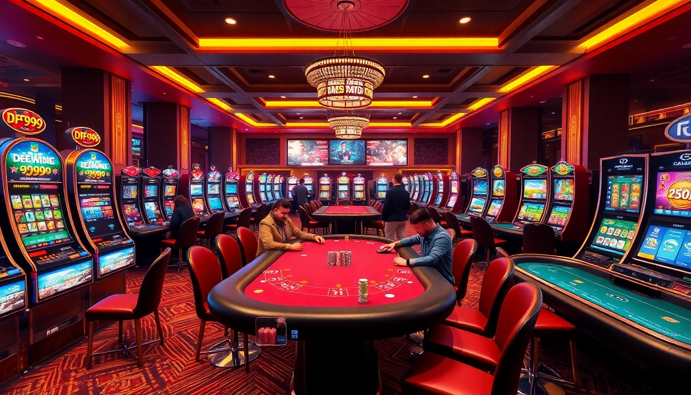 The excitement of online gaming at website DF999 featuring vibrant casino tables, poker chips, and slot machines.
