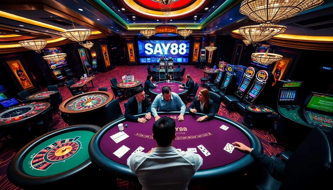 Exciting gambling scene illustrating SAY88 nhà cái with poker tables and enthusiastic players.