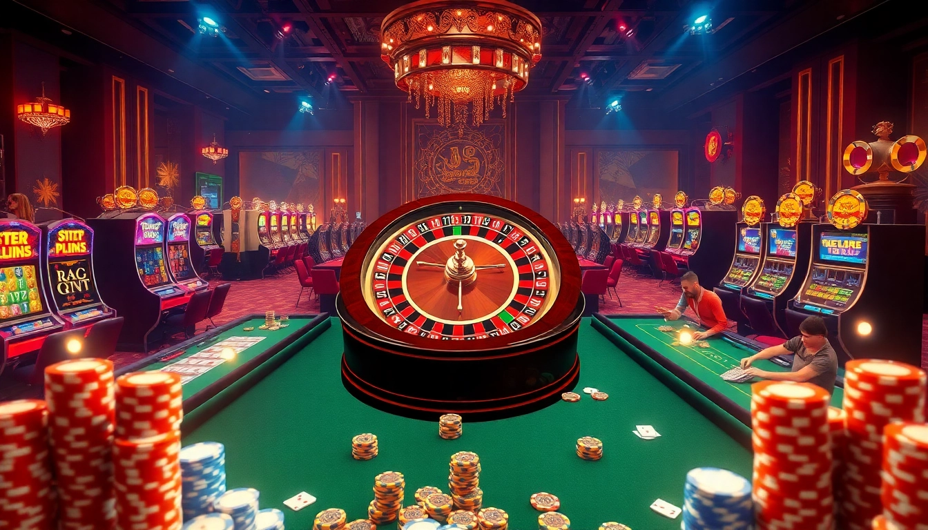 Engaging scene of luxury casino gaming with GK88 roulette wheel, cards, and enthusiastic players.