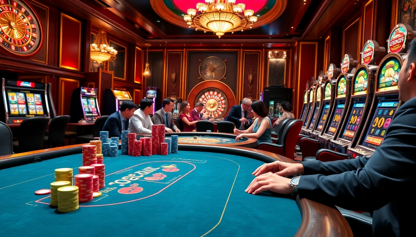 Players enjoying a thrilling game at go88 club's luxurious casino with vibrant slot machines.