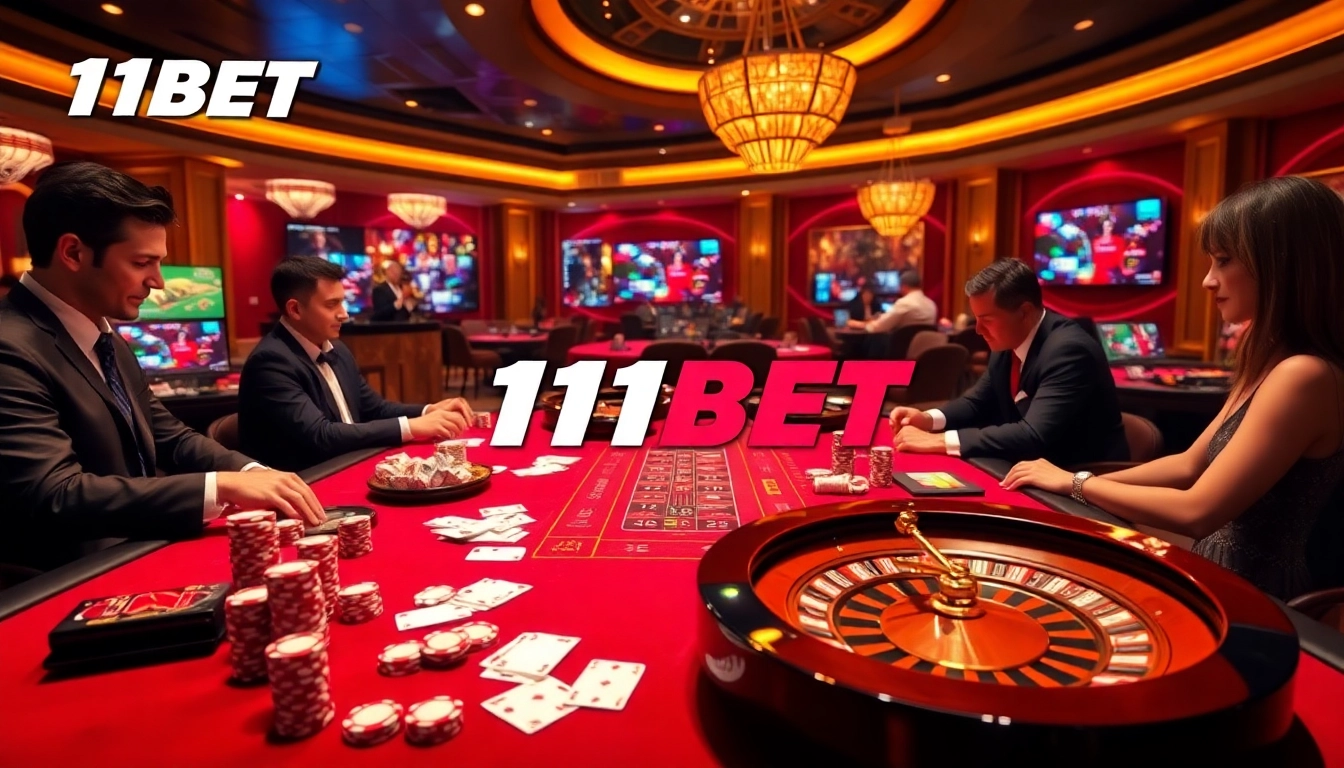 Engaging scene of advanced casino gaming with Nhà cái 11BET branding, highlighting poker chips and roulette.