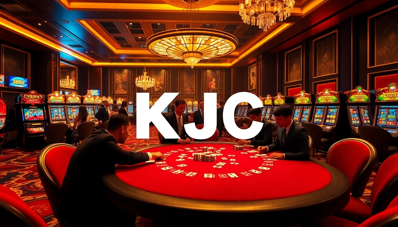 Experience the excitement of KJC at a luxurious casino, featuring a thrilling poker game and vibrant slot machines.