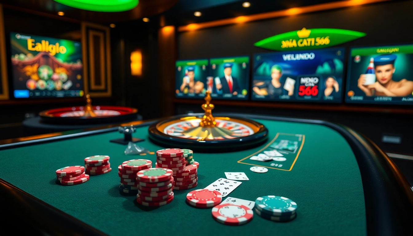 An engaging scene of high-stakes gaming at nhà cái 566 with poker chips and roulette wheel.