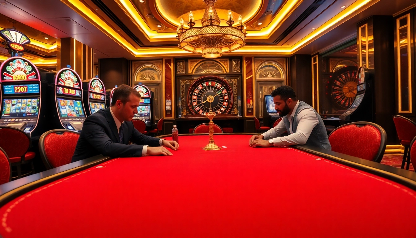 Exciting gaming atmosphere at xx88 casino featuring poker players, slot machines, and roulette wheel.