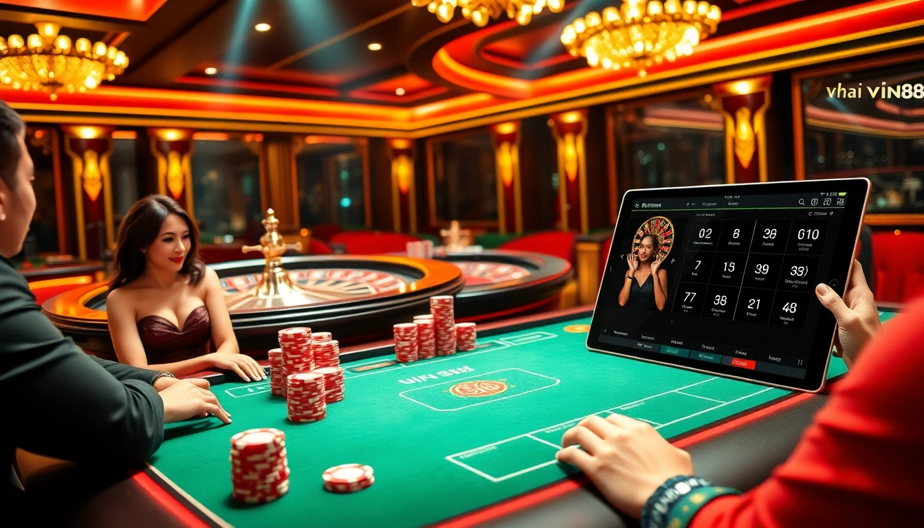 Dynamic casino atmosphere showcasing Nhà cái Vin88 with poker games and roulette excitement.