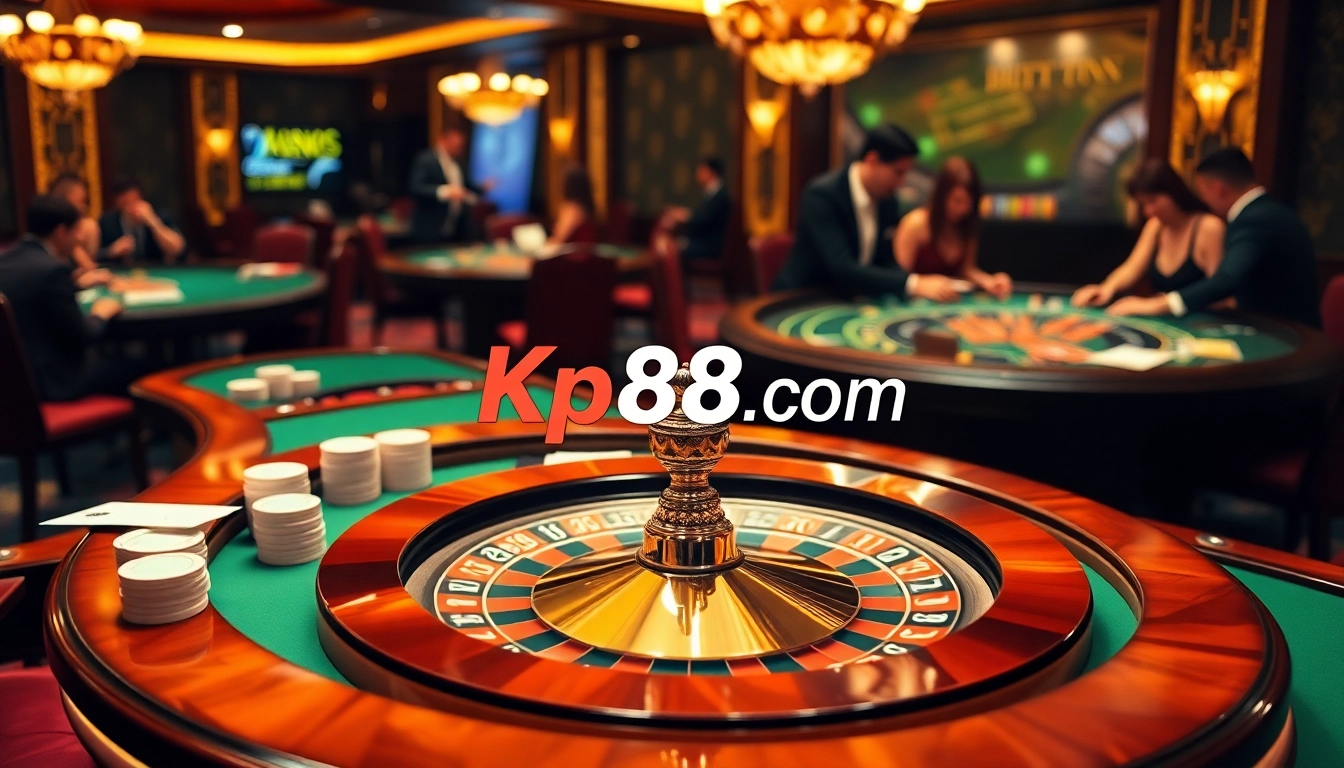 Experience the thrill of Kp88.com with engaging casino gameplay featuring elegant tables and vibrant roulette.