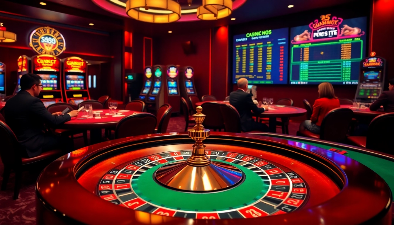 Excited players engaging at a luxury fb88 casino with roulette and poker games.