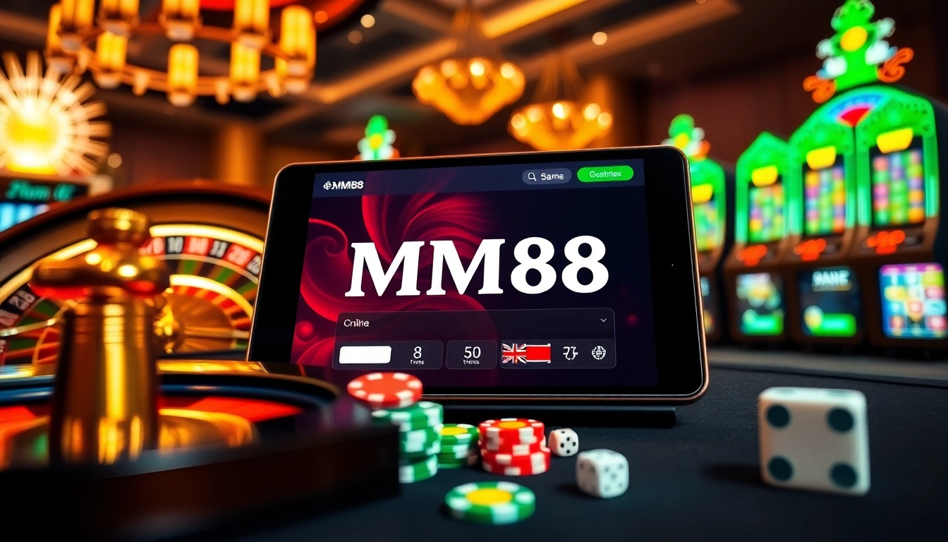 Players engaging in thrilling casino games at MM88 online, featuring chips and slot machines.