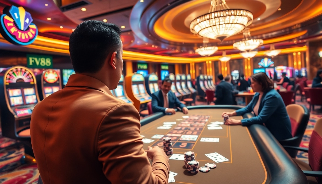 Engaged players celebrating a win at fv88 casino with vibrant tables and colorful chips.