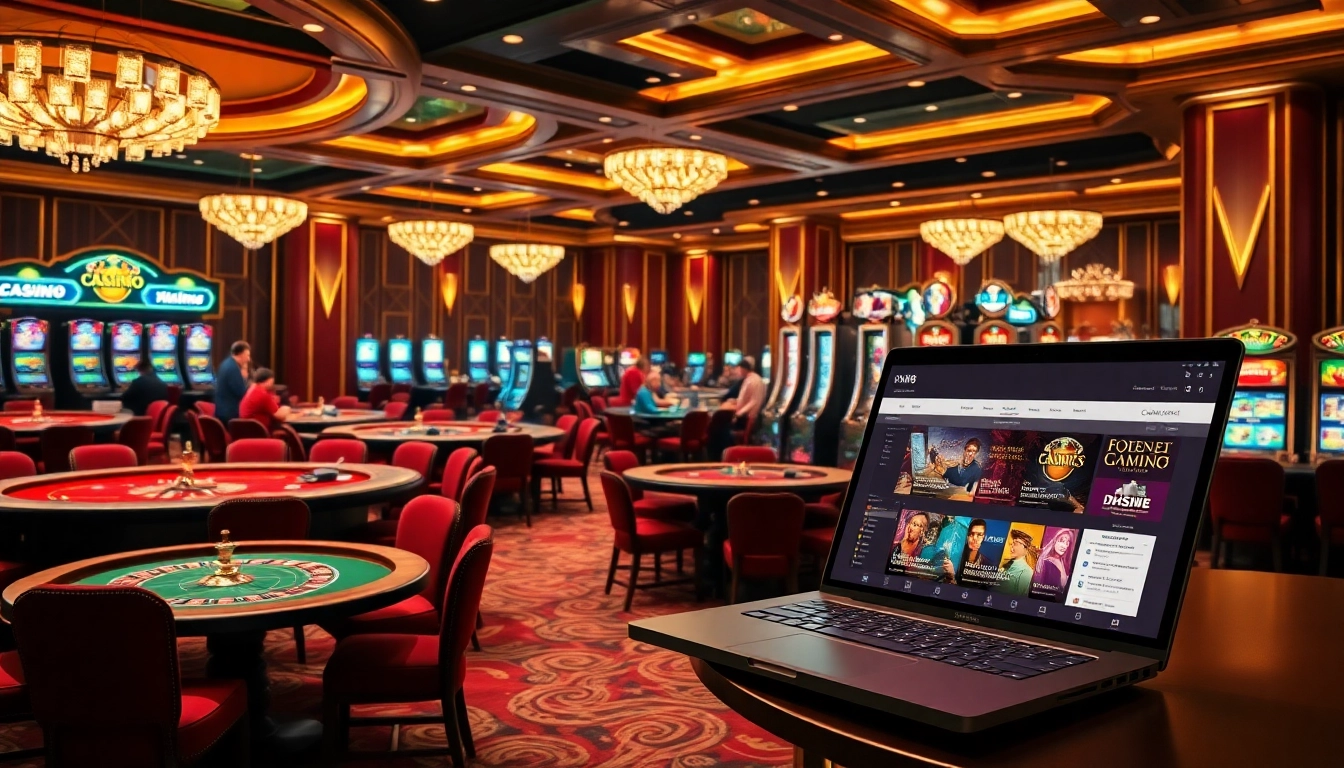 Experience the thrilling atmosphere of dh88.com with elegant gaming tables, players enjoying poker, and vibrant slot machines.
