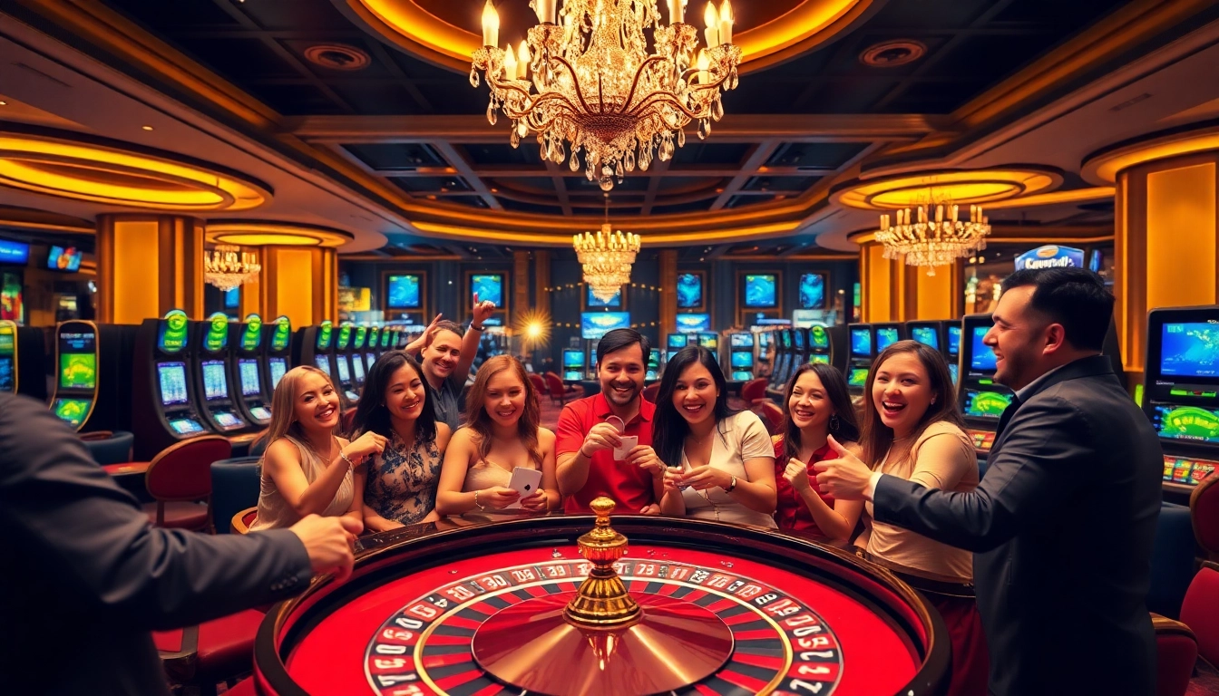 Players win big at a lively Luck8 casino scene featuring roulette, cards, and vibrant slot machines.