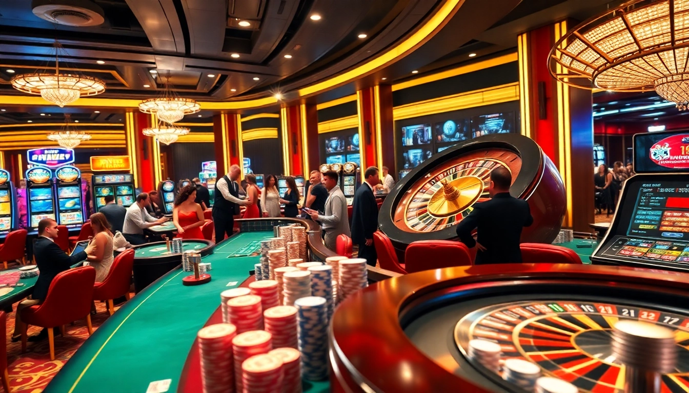 Gambling excitement at DABET with thrilling casino tables and vibrant slot machines.