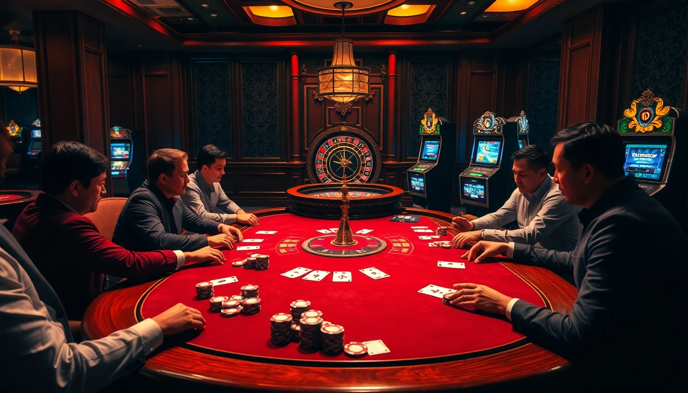 Experience the thrill of casino gaming at 8KBET with luxurious poker tables and vibrant gameplay.