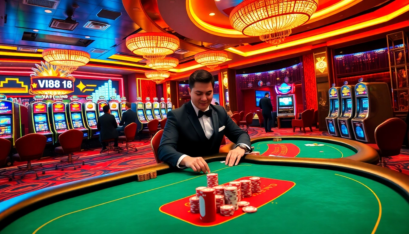 Exciting gaming atmosphere at Vt88 nhà cái featuring vibrant tables and slot machines.