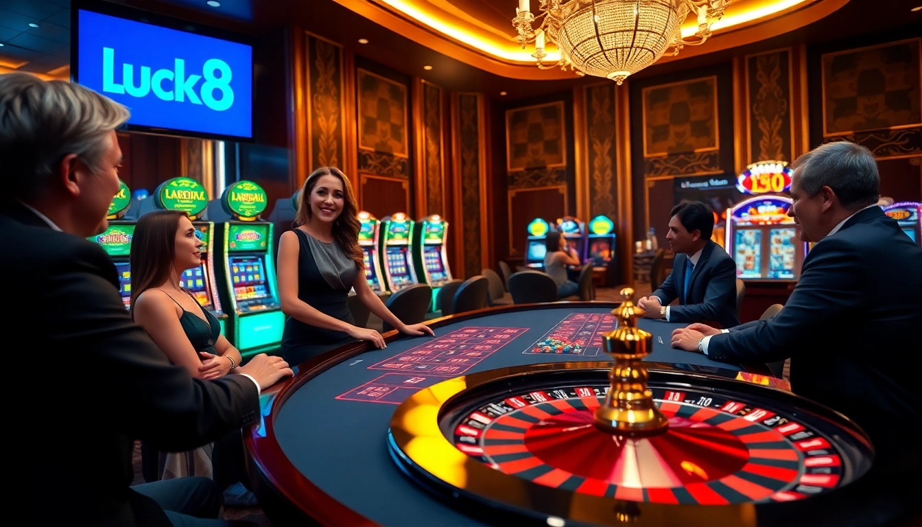 Experience the excitement of gambling at Luck8 with vibrant poker chips and roulette tables.